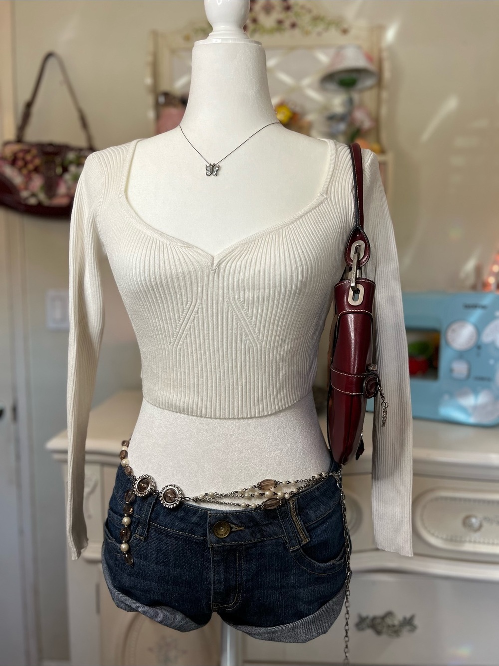 Cider Cream Ribbed Sweetheart Scoop Crop Top